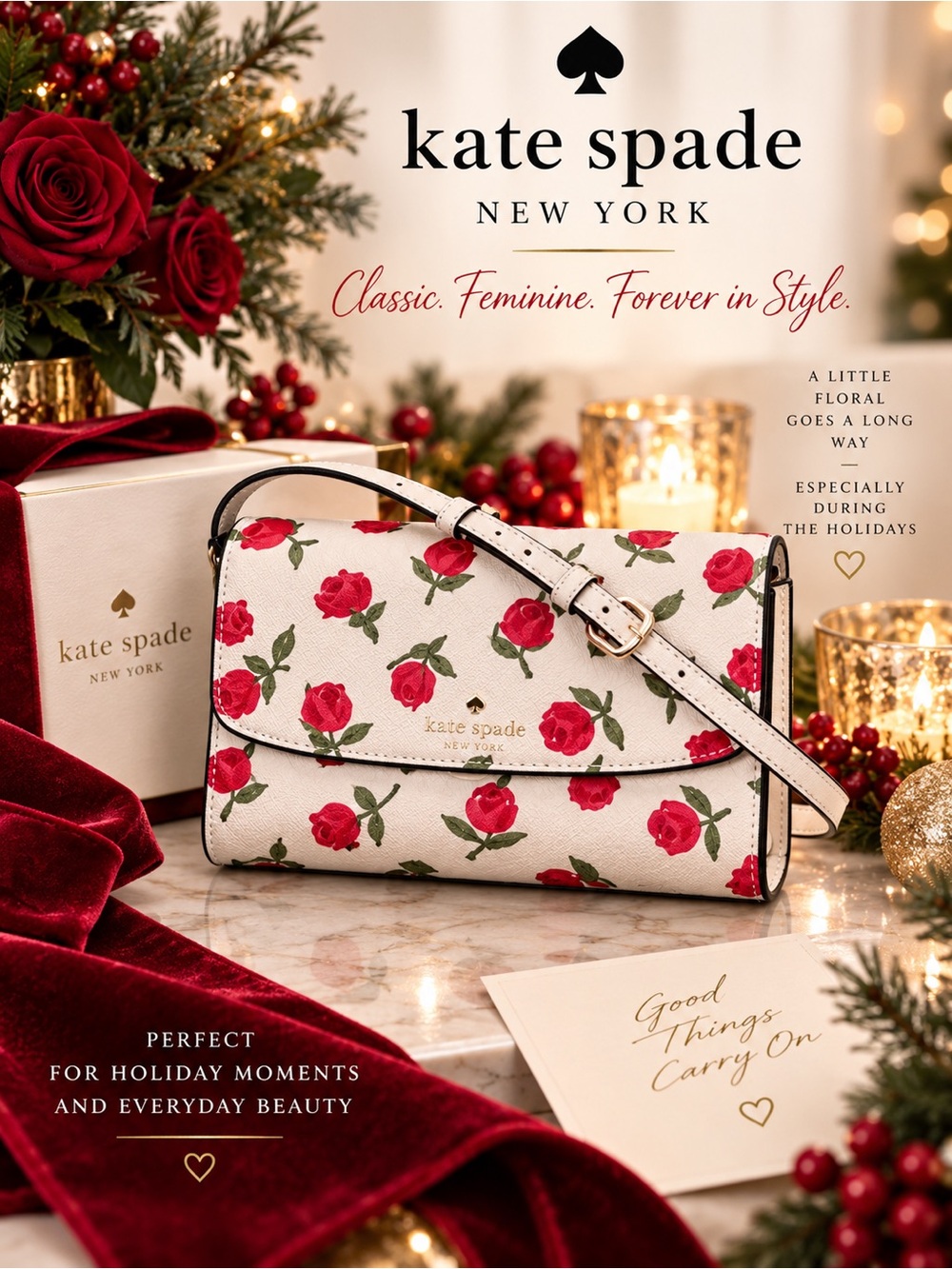 Kate Spade Dana Rose Crossbody Cream Red Floral Saffiano Leather Holiday Bag - Picture 13 of 15
